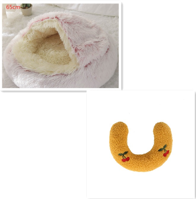 2 In 1 Pet Round Plush Bed Soft Warm Cozy House