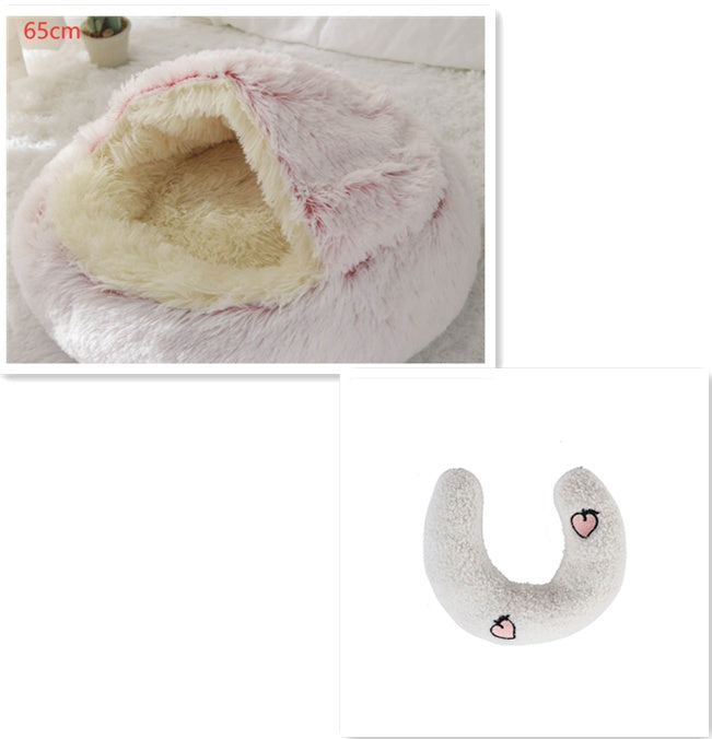 2 In 1 Pet Round Plush Bed Soft Warm Cozy House