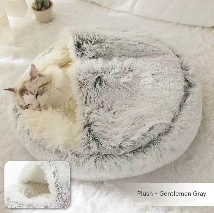 2 In 1 Pet Round Plush Bed Soft Warm Cozy House