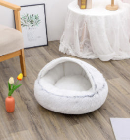 2 In 1 Pet Round Plush Bed Soft Warm Cozy House