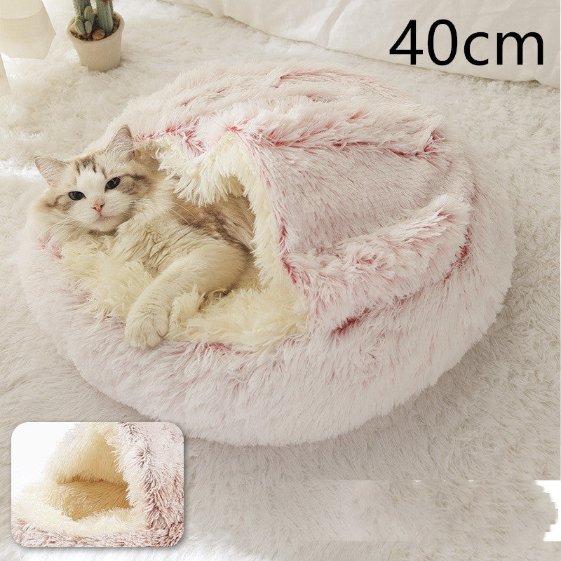 2 In 1 Pet Round Plush Bed Soft Warm Cozy House