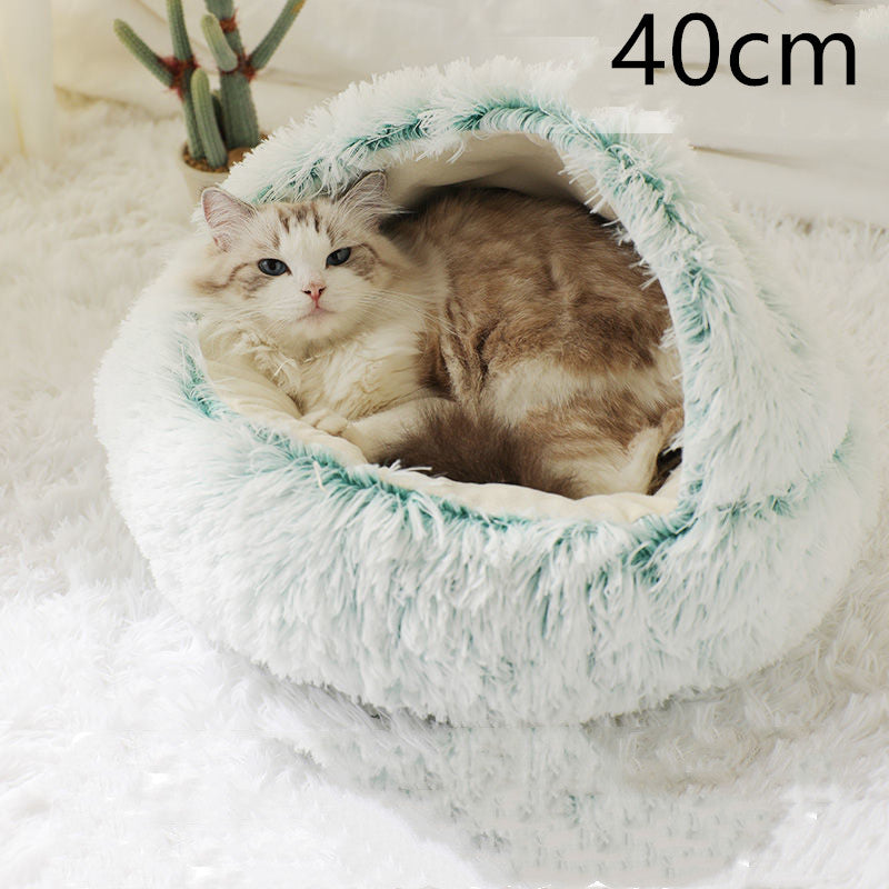 2 In 1 Pet Round Plush Bed Soft Warm Cozy House