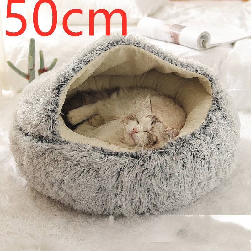 2 In 1 Pet Round Plush Bed Soft Warm Cozy House