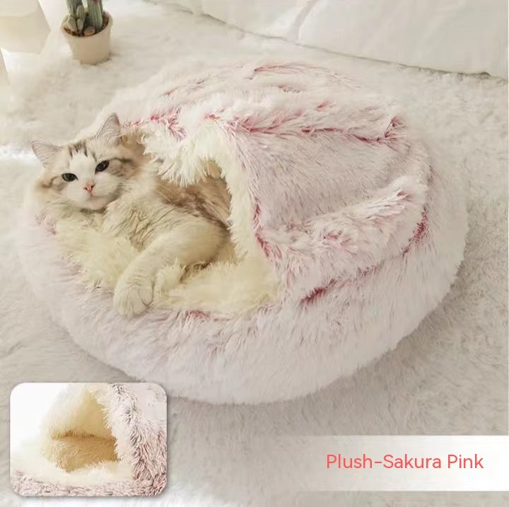 2 In 1 Pet Round Plush Bed Soft Warm Cozy House