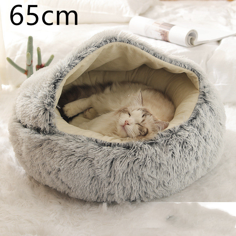 2 In 1 Pet Round Plush Bed Soft Warm Cozy House