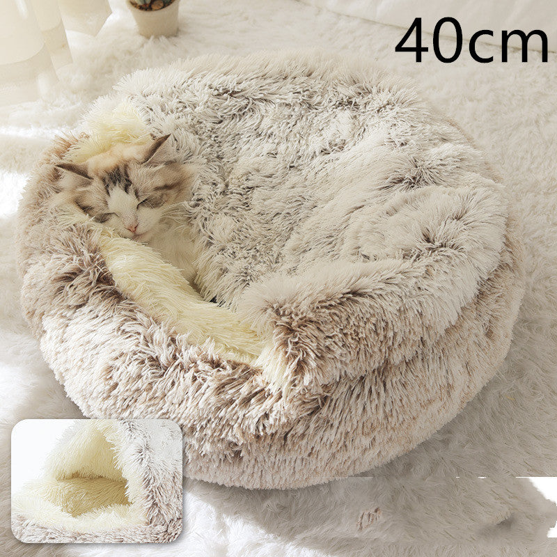 2 In 1 Pet Round Plush Bed Soft Warm Cozy House