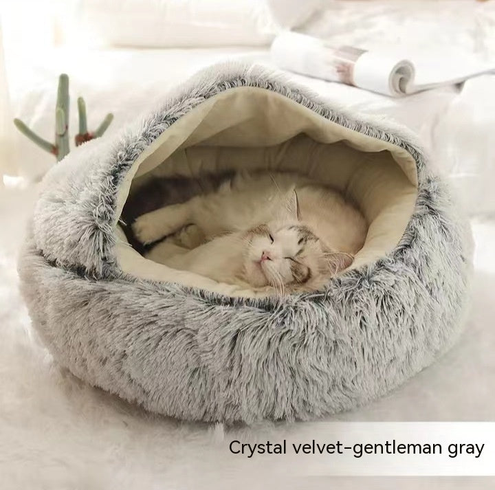 2 In 1 Pet Round Plush Bed Soft Warm Cozy House