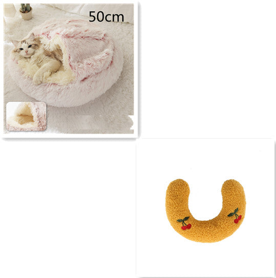 2 In 1 Pet Round Plush Bed Soft Warm Cozy House