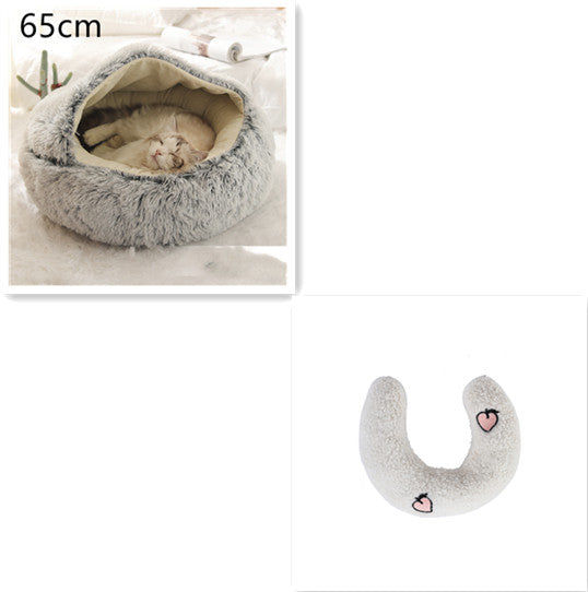 2 In 1 Pet Round Plush Bed Soft Warm Cozy House