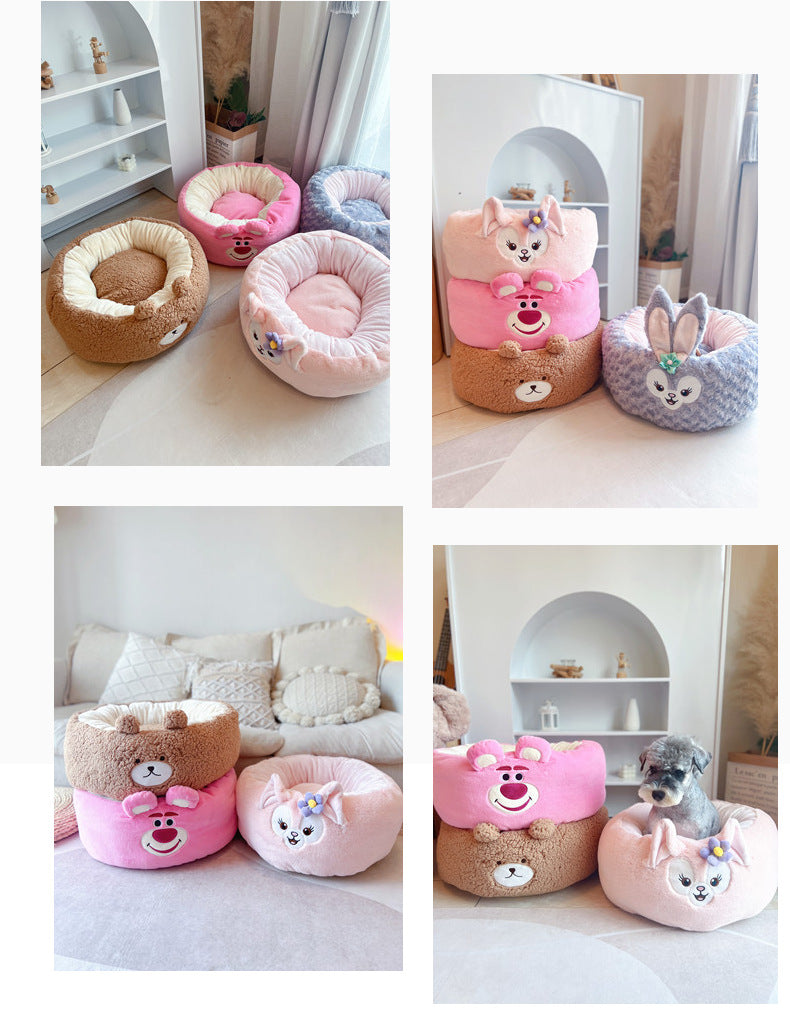 Cartoon Plush Pet Nest Cushion Round Bed For All Seasons