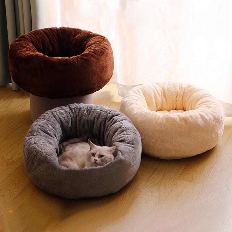 Long Plush Donut Pet Bed Round Fluffy Cushion Mat