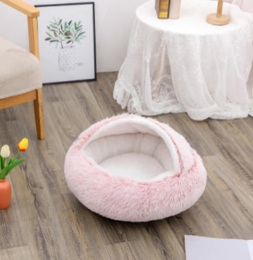 2 In 1 Pet Round Plush Bed Soft Warm Cozy House