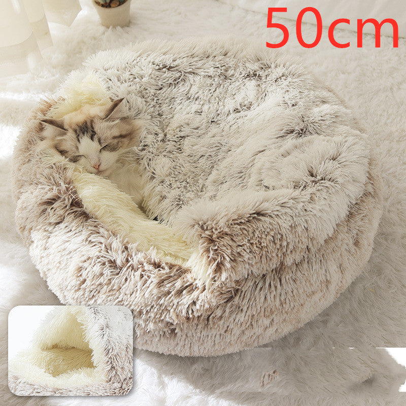 2 In 1 Pet Round Plush Bed Soft Warm Cozy House