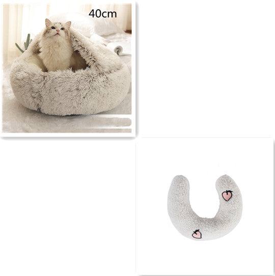 2 In 1 Pet Round Plush Bed Soft Warm Cozy House