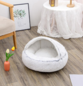 2 In 1 Pet Round Plush Bed Soft Warm Cozy House