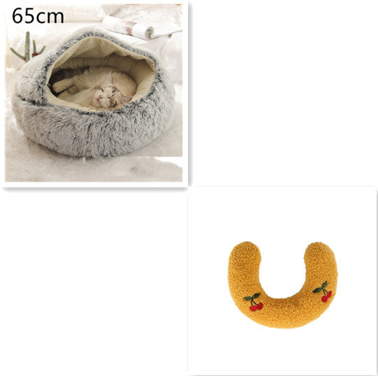 2 In 1 Pet Round Plush Bed Soft Warm Cozy House