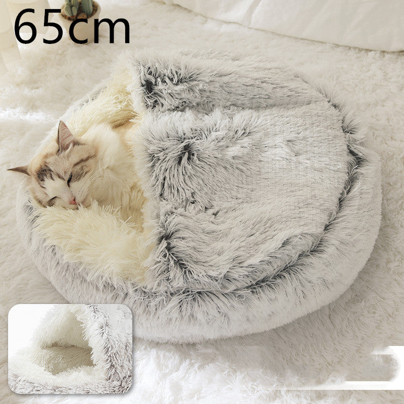 2 In 1 Pet Round Plush Bed Soft Warm Cozy House
