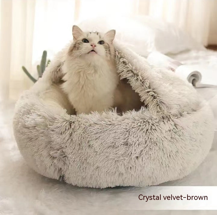 2 In 1 Pet Round Plush Bed Soft Warm Cozy House
