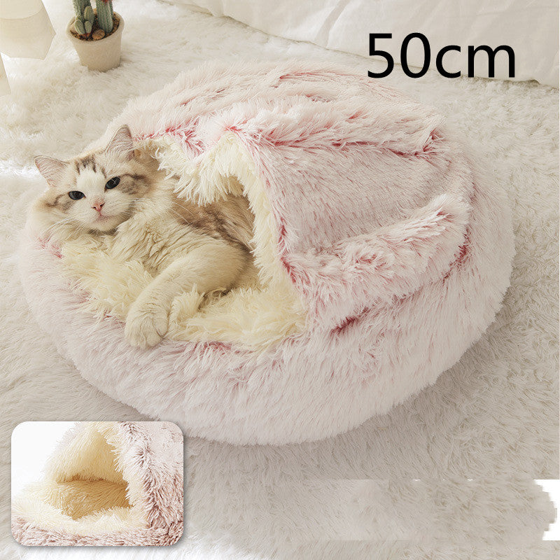 2 In 1 Pet Round Plush Bed Soft Warm Cozy House