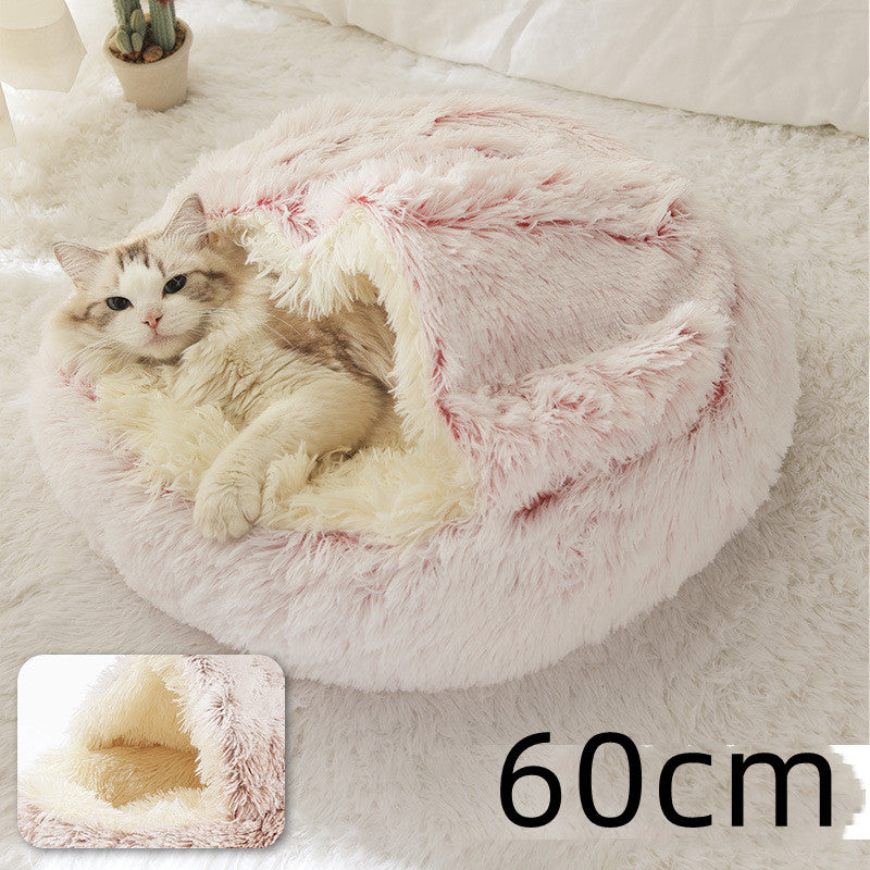 2 In 1 Pet Round Plush Bed Soft Warm Cozy House
