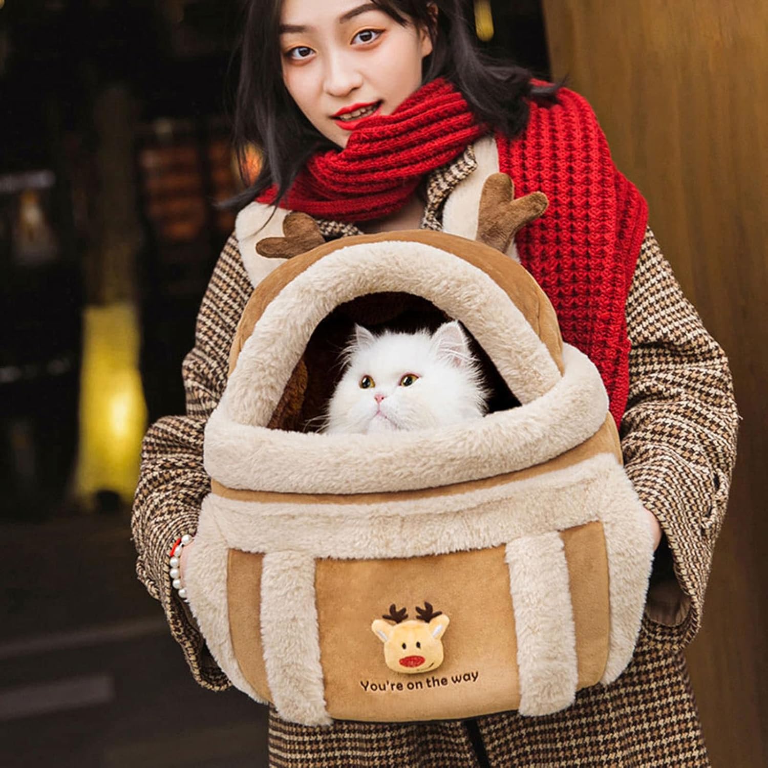 Plush Pet Carrier Backpack Bag With Winter Hand Warmers