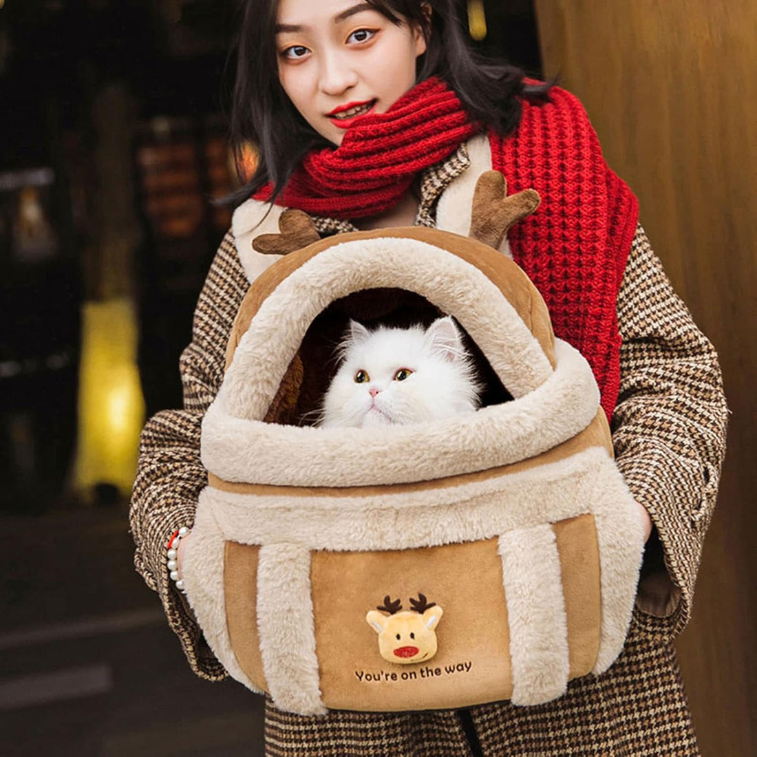 Plush Pet Carrier Backpack Bag With Winter Hand Warmers