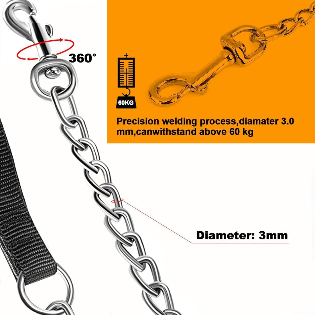 Heavy Duty Metal Pet Leash Chain With Padded Handle