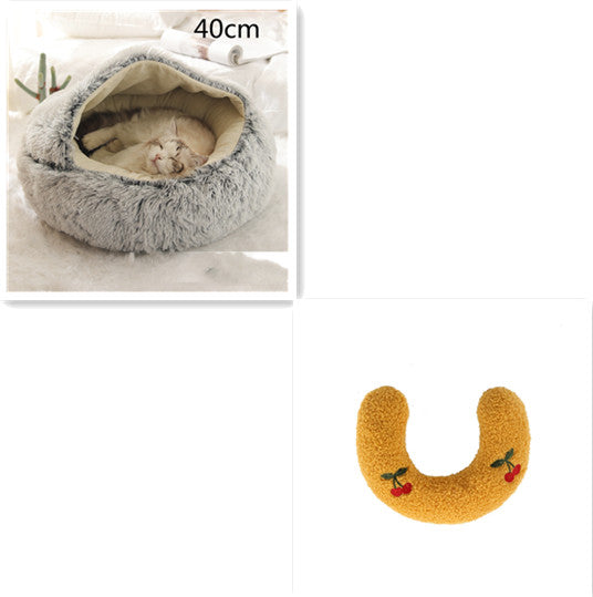 2 In 1 Pet Round Plush Bed Soft Warm Cozy House