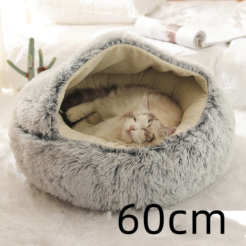 2 In 1 Pet Round Plush Bed Soft Warm Cozy House