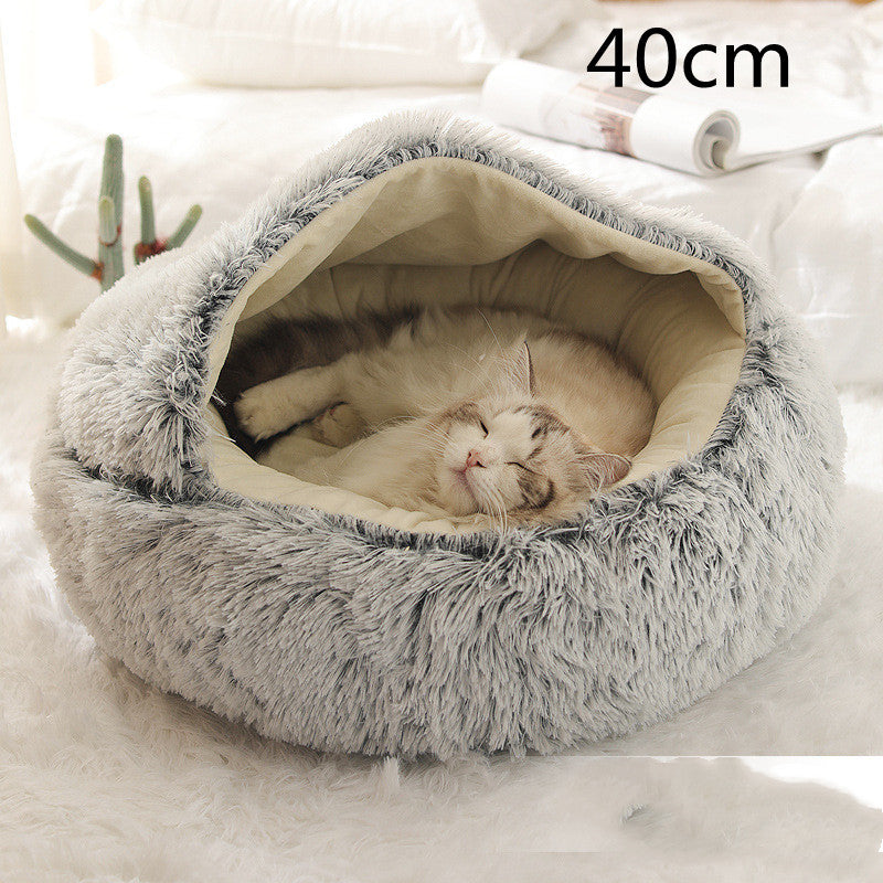 2 In 1 Pet Round Plush Bed Soft Warm Cozy House