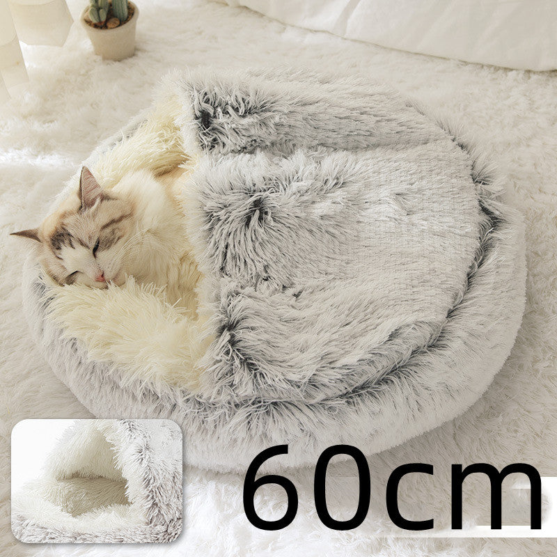 2 In 1 Pet Round Plush Bed Soft Warm Cozy House