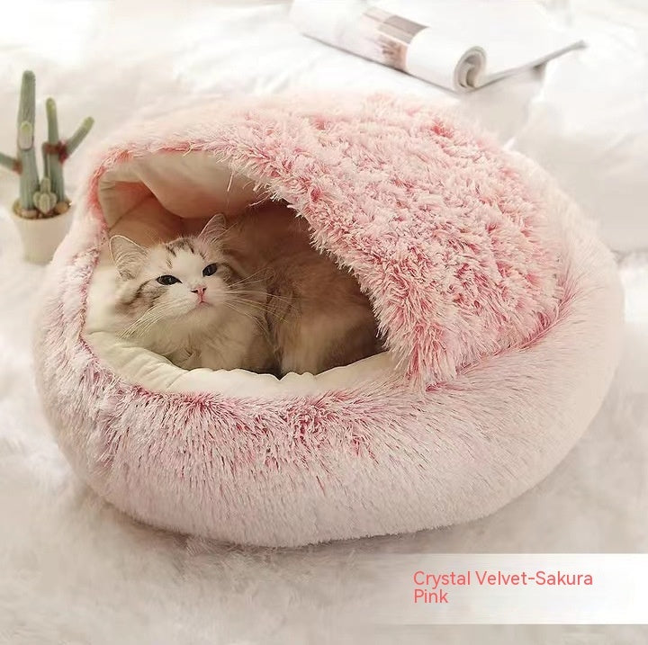 2 In 1 Pet Round Plush Bed Soft Warm Cozy House
