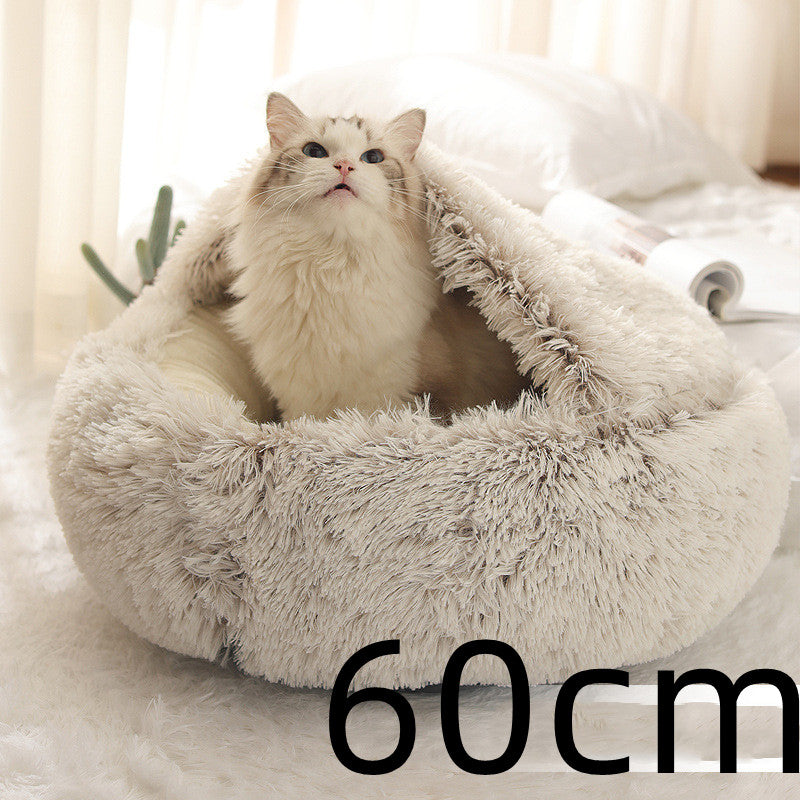 2 In 1 Pet Round Plush Bed Soft Warm Cozy House