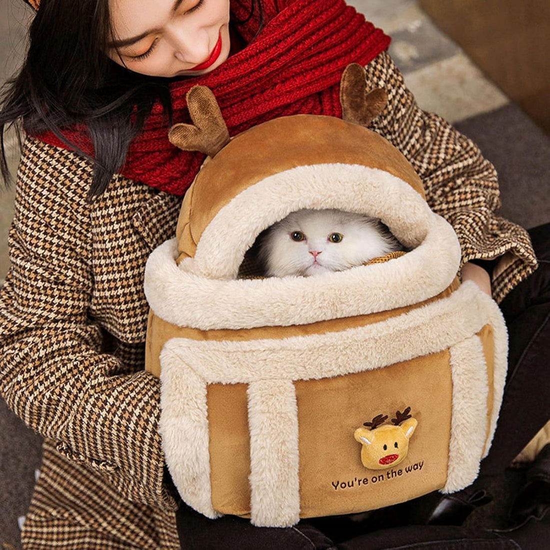 Plush Pet Carrier Backpack Bag With Winter Hand Warmers
