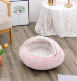 2 In 1 Pet Round Plush Bed Soft Warm Cozy House