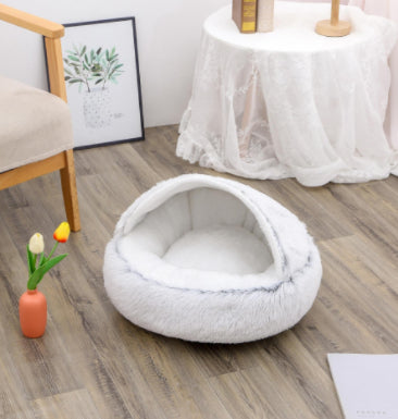 2 In 1 Pet Round Plush Bed Soft Warm Cozy House