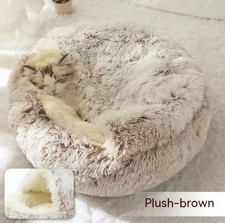 2 In 1 Pet Round Plush Bed Soft Warm Cozy House