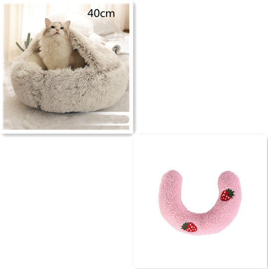 2 In 1 Pet Round Plush Bed Soft Warm Cozy House